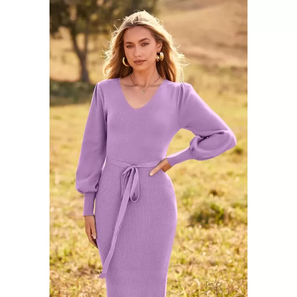 imagePRETTYGARDEN Womens 2024 Fall Knit Pullover Sweater Elegant Long Lantern Sleeve V Neck Maxi DressLight Purple