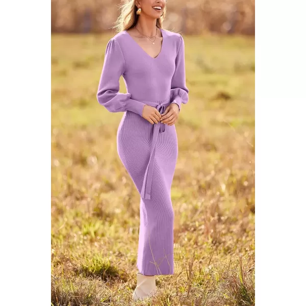imagePRETTYGARDEN Womens 2024 Fall Knit Pullover Sweater Elegant Long Lantern Sleeve V Neck Maxi DressLight Purple