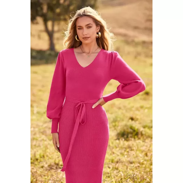 imagePRETTYGARDEN Womens 2024 Fall Knit Pullover Sweater Elegant Long Lantern Sleeve V Neck Maxi DressRose Red