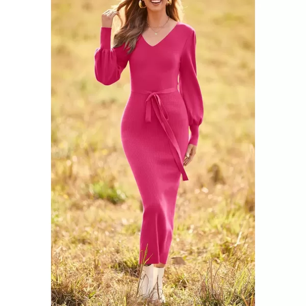 imagePRETTYGARDEN Womens 2024 Fall Knit Pullover Sweater Elegant Long Lantern Sleeve V Neck Maxi DressRose Red