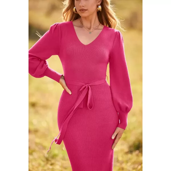 imagePRETTYGARDEN Womens 2024 Fall Knit Pullover Sweater Elegant Long Lantern Sleeve V Neck Maxi DressRose Red