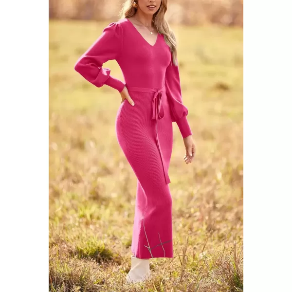 imagePRETTYGARDEN Womens 2024 Fall Knit Pullover Sweater Elegant Long Lantern Sleeve V Neck Maxi DressRose Red