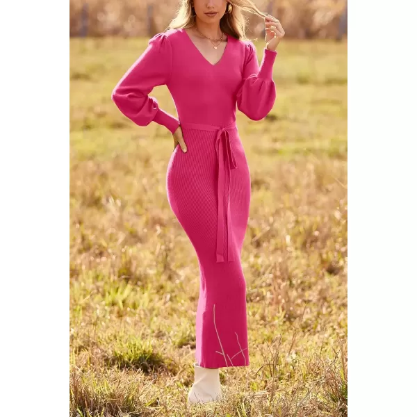 imagePRETTYGARDEN Womens 2024 Fall Knit Pullover Sweater Elegant Long Lantern Sleeve V Neck Maxi DressRose Red