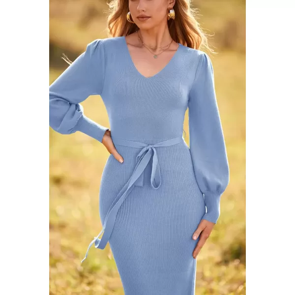 imagePRETTYGARDEN Womens 2024 Fall Knit Pullover Sweater Elegant Long Lantern Sleeve V Neck Maxi DressSky Blue