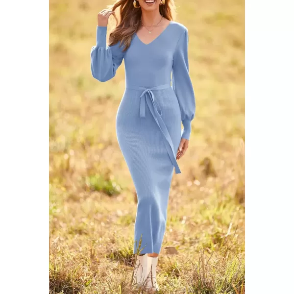 imagePRETTYGARDEN Womens 2024 Fall Knit Pullover Sweater Elegant Long Lantern Sleeve V Neck Maxi DressSky Blue