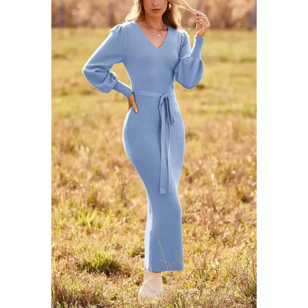 imagePRETTYGARDEN Womens 2024 Fall Knit Pullover Sweater Elegant Long Lantern Sleeve V Neck Maxi DressSky Blue