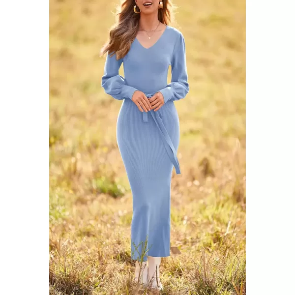 imagePRETTYGARDEN Womens 2024 Fall Knit Pullover Sweater Elegant Long Lantern Sleeve V Neck Maxi DressSky Blue