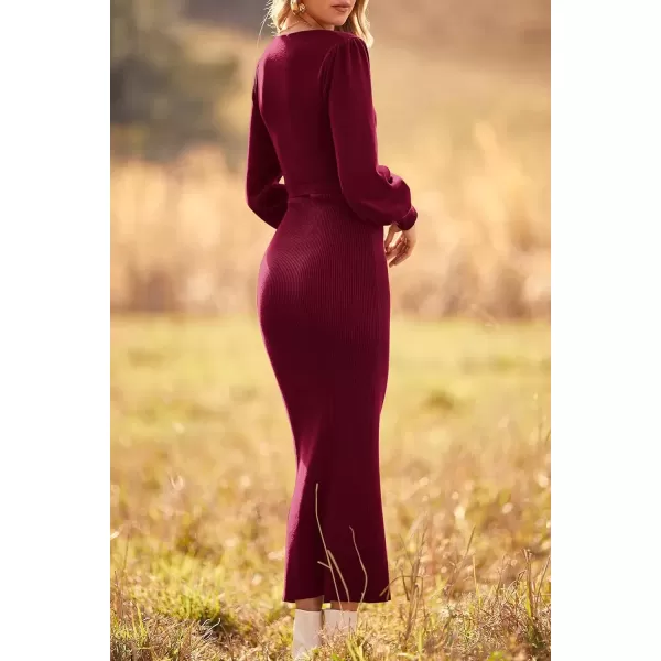 imagePRETTYGARDEN Womens 2024 Fall Knit Pullover Sweater Elegant Long Lantern Sleeve V Neck Maxi DressWine Red