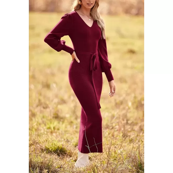 imagePRETTYGARDEN Womens 2024 Fall Knit Pullover Sweater Elegant Long Lantern Sleeve V Neck Maxi DressWine Red