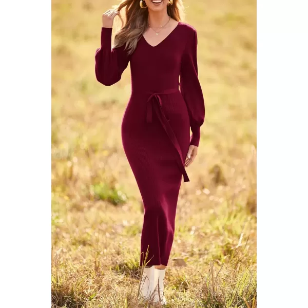 imagePRETTYGARDEN Womens 2024 Fall Knit Pullover Sweater Elegant Long Lantern Sleeve V Neck Maxi DressWine Red