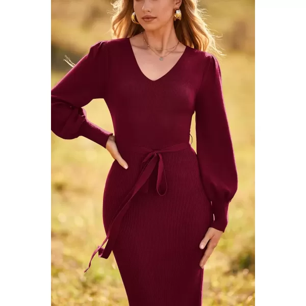 imagePRETTYGARDEN Womens 2024 Fall Knit Pullover Sweater Elegant Long Lantern Sleeve V Neck Maxi DressWine Red