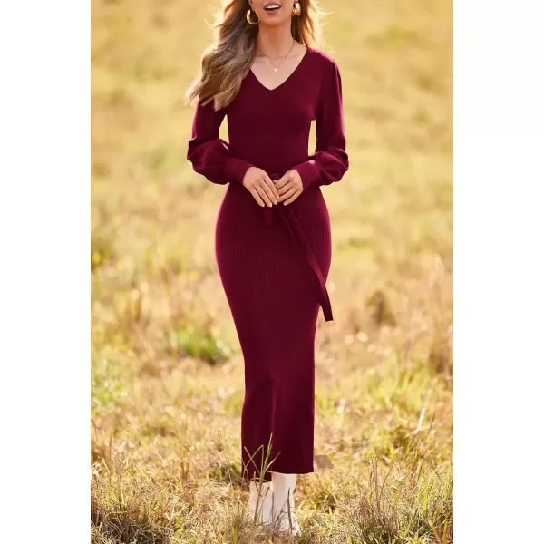 imagePRETTYGARDEN Womens 2024 Fall Knit Pullover Sweater Elegant Long Lantern Sleeve V Neck Maxi DressWine Red