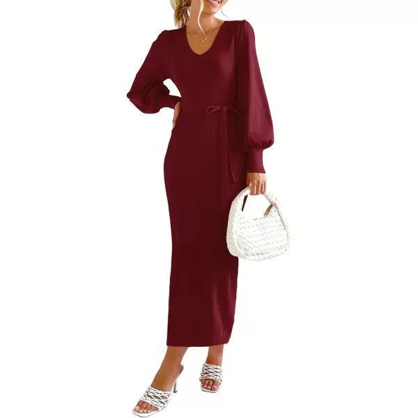 imagePRETTYGARDEN Womens 2024 Fall Knit Pullover Sweater Elegant Long Lantern Sleeve V Neck Maxi DressWine Red