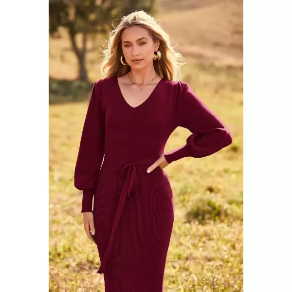 imagePRETTYGARDEN Womens 2024 Fall Knit Pullover Sweater Elegant Long Lantern Sleeve V Neck Maxi DressWine Red