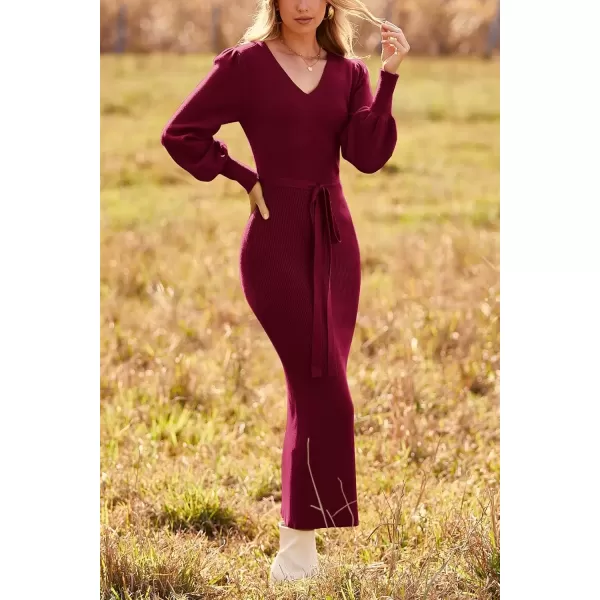 imagePRETTYGARDEN Womens 2024 Fall Knit Pullover Sweater Elegant Long Lantern Sleeve V Neck Maxi DressWine Red