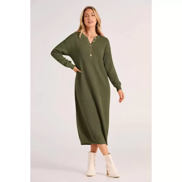 imagePRETTYGARDEN Womens 2024 Fall Knit Sweater Dress Long Sleeve Button V Neck Loose Casual Maxi DressesArmy Green