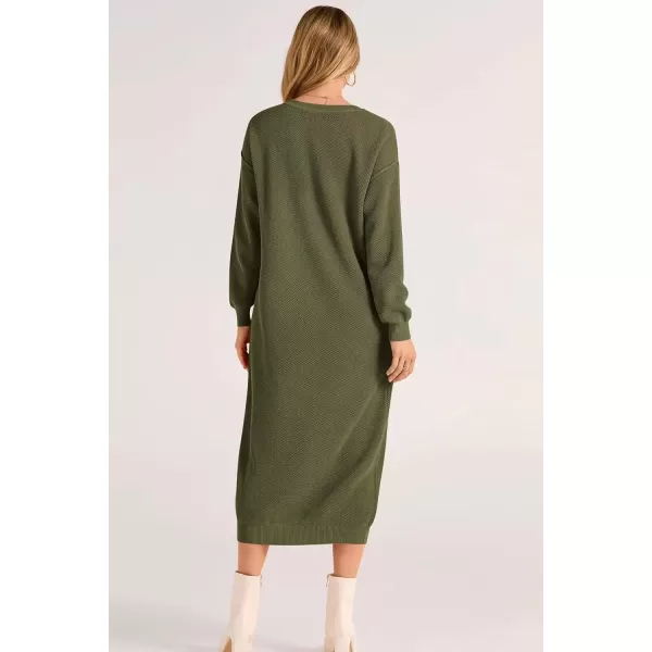 imagePRETTYGARDEN Womens 2024 Fall Knit Sweater Dress Long Sleeve Button V Neck Loose Casual Maxi DressesArmy Green