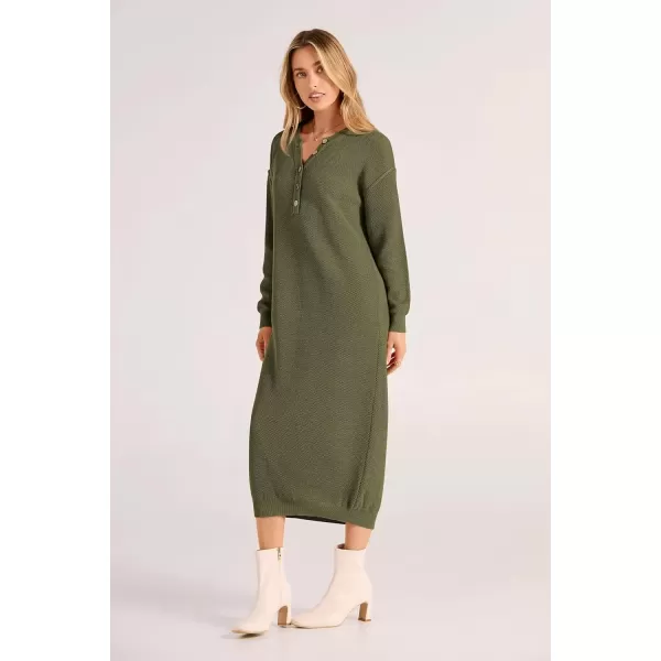 imagePRETTYGARDEN Womens 2024 Fall Knit Sweater Dress Long Sleeve Button V Neck Loose Casual Maxi DressesArmy Green
