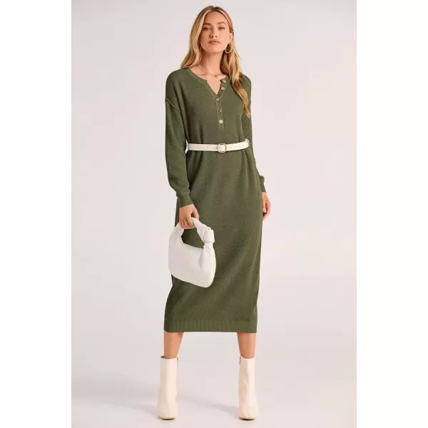 imagePRETTYGARDEN Womens 2024 Fall Knit Sweater Dress Long Sleeve Button V Neck Loose Casual Maxi DressesArmy Green