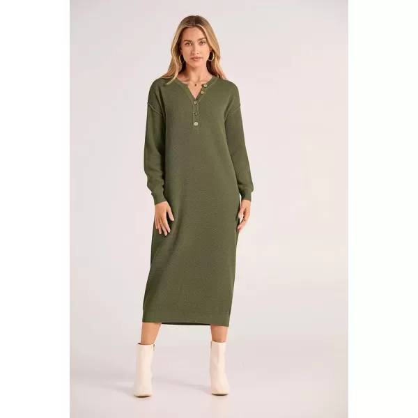 imagePRETTYGARDEN Womens 2024 Fall Knit Sweater Dress Long Sleeve Button V Neck Loose Casual Maxi DressesArmy Green