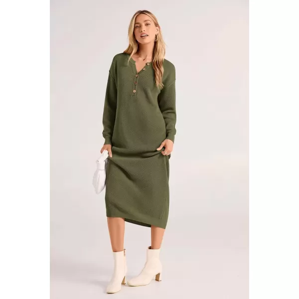 imagePRETTYGARDEN Womens 2024 Fall Knit Sweater Dress Long Sleeve Button V Neck Loose Casual Maxi DressesArmy Green