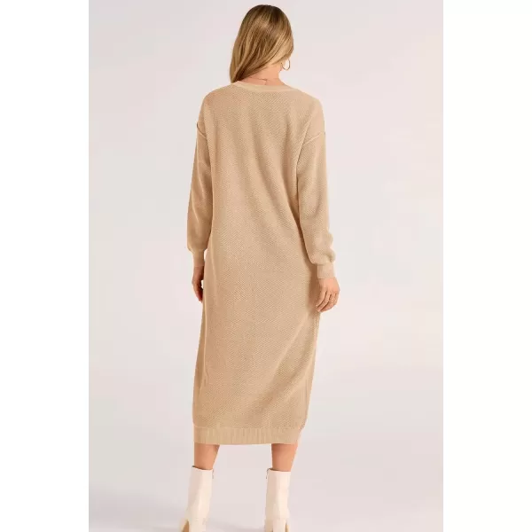 imagePRETTYGARDEN Womens 2024 Fall Knit Sweater Dress Long Sleeve Button V Neck Loose Casual Maxi DressesBeige