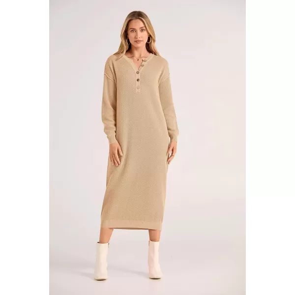 imagePRETTYGARDEN Womens 2024 Fall Knit Sweater Dress Long Sleeve Button V Neck Loose Casual Maxi DressesBeige