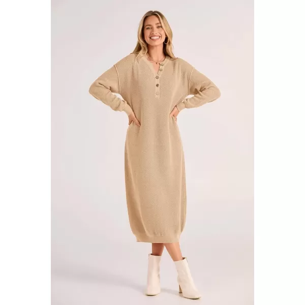 imagePRETTYGARDEN Womens 2024 Fall Knit Sweater Dress Long Sleeve Button V Neck Loose Casual Maxi DressesBeige
