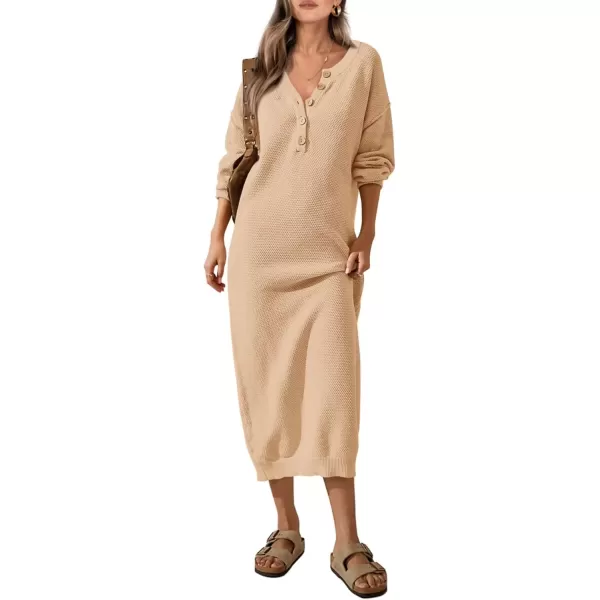 imagePRETTYGARDEN Womens 2024 Fall Knit Sweater Dress Long Sleeve Button V Neck Loose Casual Maxi DressesBeige