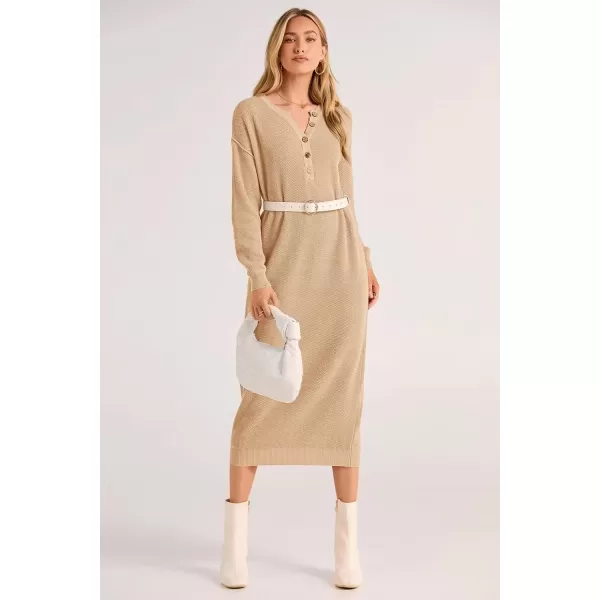 imagePRETTYGARDEN Womens 2024 Fall Knit Sweater Dress Long Sleeve Button V Neck Loose Casual Maxi DressesBeige