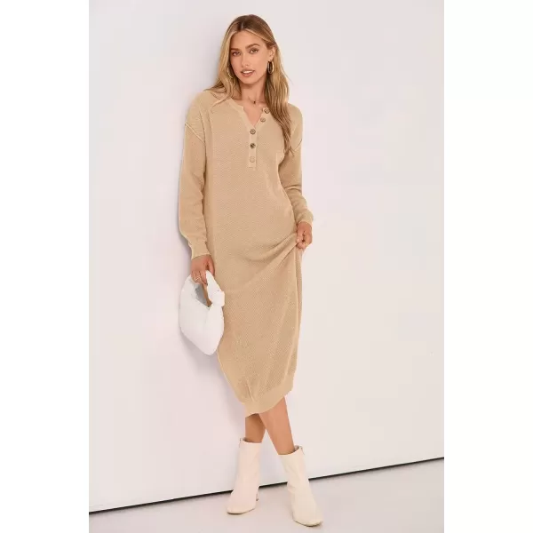 imagePRETTYGARDEN Womens 2024 Fall Knit Sweater Dress Long Sleeve Button V Neck Loose Casual Maxi DressesBeige