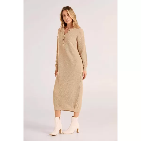 imagePRETTYGARDEN Womens 2024 Fall Knit Sweater Dress Long Sleeve Button V Neck Loose Casual Maxi DressesBeige