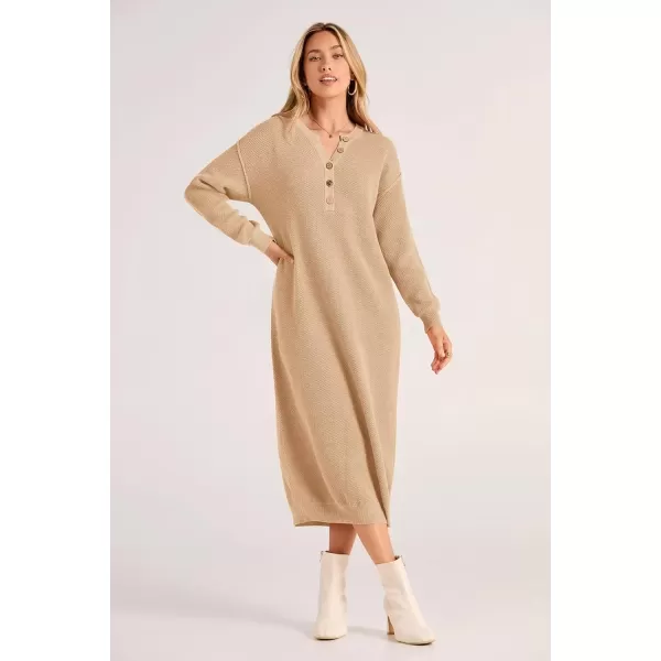 imagePRETTYGARDEN Womens 2024 Fall Knit Sweater Dress Long Sleeve Button V Neck Loose Casual Maxi DressesBeige
