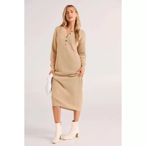 imagePRETTYGARDEN Womens 2024 Fall Knit Sweater Dress Long Sleeve Button V Neck Loose Casual Maxi DressesBeige