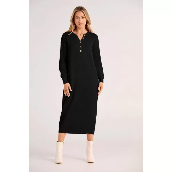 imagePRETTYGARDEN Womens 2024 Fall Knit Sweater Dress Long Sleeve Button V Neck Loose Casual Maxi DressesBlack