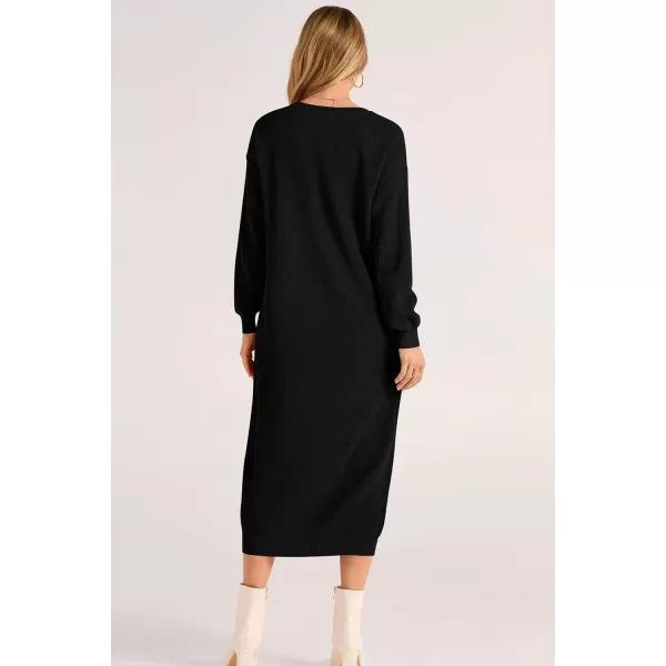 imagePRETTYGARDEN Womens 2024 Fall Knit Sweater Dress Long Sleeve Button V Neck Loose Casual Maxi DressesBlack