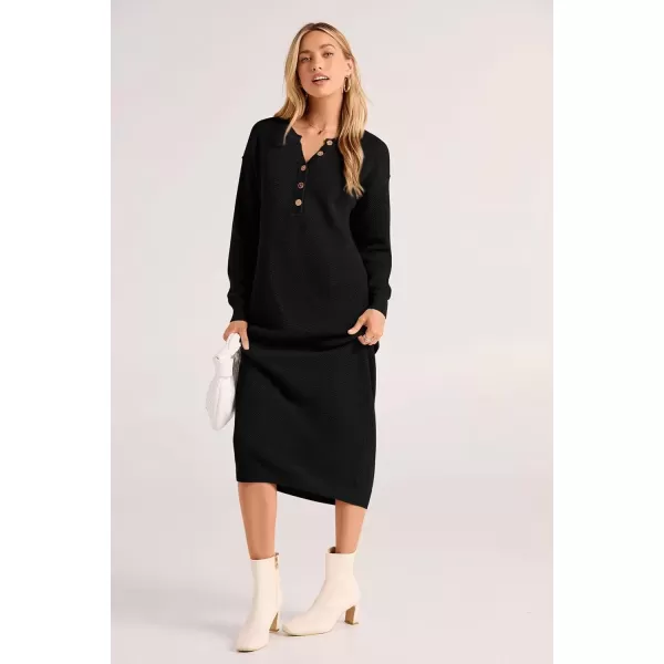 imagePRETTYGARDEN Womens 2024 Fall Knit Sweater Dress Long Sleeve Button V Neck Loose Casual Maxi DressesBlack