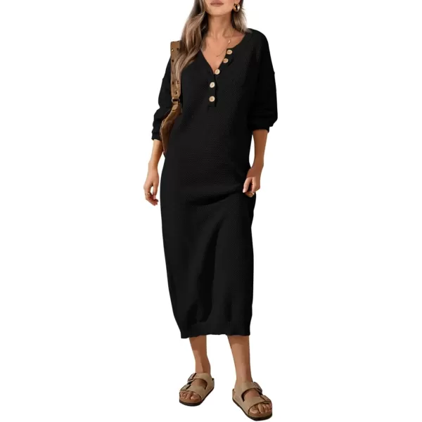 imagePRETTYGARDEN Womens 2024 Fall Knit Sweater Dress Long Sleeve Button V Neck Loose Casual Maxi DressesBlack