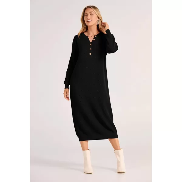 imagePRETTYGARDEN Womens 2024 Fall Knit Sweater Dress Long Sleeve Button V Neck Loose Casual Maxi DressesBlack
