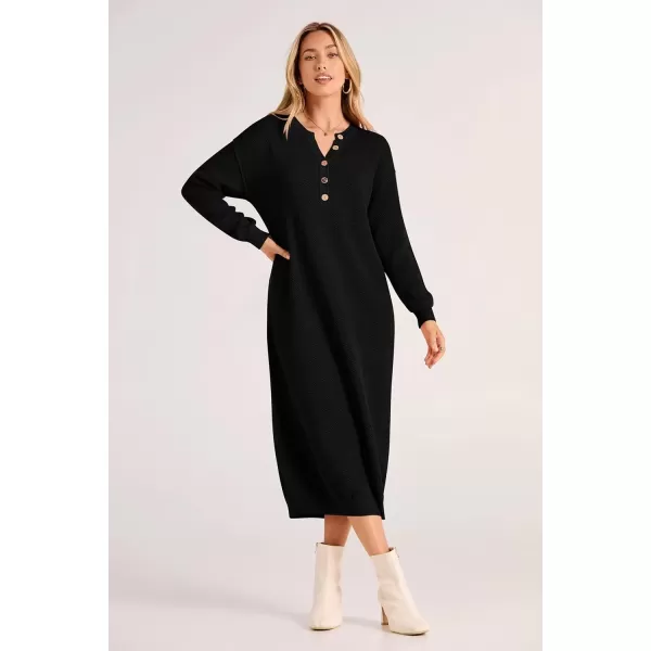 imagePRETTYGARDEN Womens 2024 Fall Knit Sweater Dress Long Sleeve Button V Neck Loose Casual Maxi DressesBlack