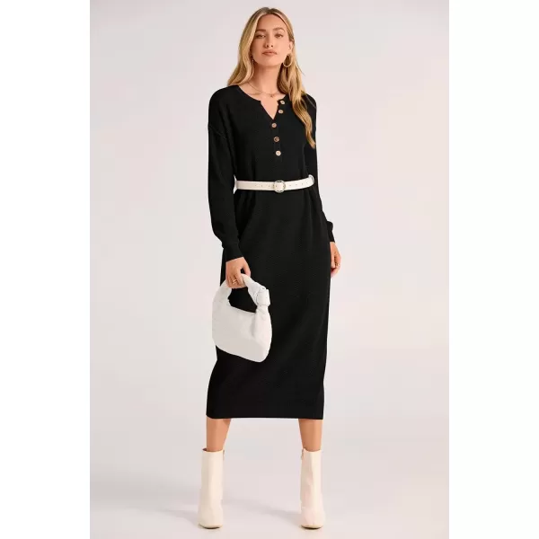imagePRETTYGARDEN Womens 2024 Fall Knit Sweater Dress Long Sleeve Button V Neck Loose Casual Maxi DressesBlack