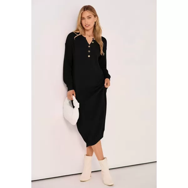 imagePRETTYGARDEN Womens 2024 Fall Knit Sweater Dress Long Sleeve Button V Neck Loose Casual Maxi DressesBlack