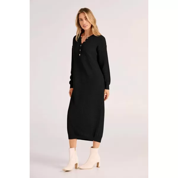 imagePRETTYGARDEN Womens 2024 Fall Knit Sweater Dress Long Sleeve Button V Neck Loose Casual Maxi DressesBlack
