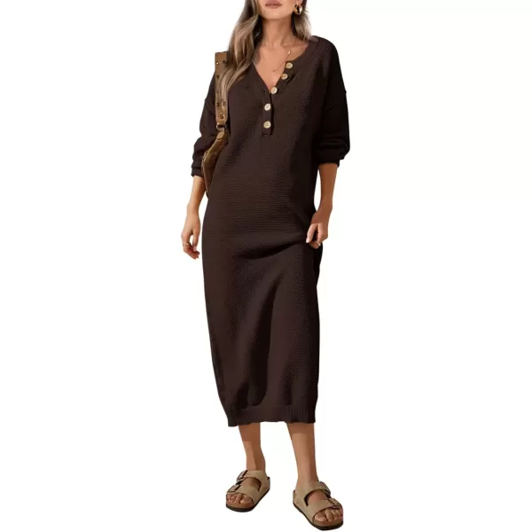 imagePRETTYGARDEN Womens 2024 Fall Knit Sweater Dress Long Sleeve Button V Neck Loose Casual Maxi DressesDark Brown