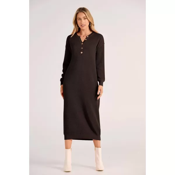 imagePRETTYGARDEN Womens 2024 Fall Knit Sweater Dress Long Sleeve Button V Neck Loose Casual Maxi DressesDark Brown