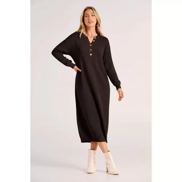 imagePRETTYGARDEN Womens 2024 Fall Knit Sweater Dress Long Sleeve Button V Neck Loose Casual Maxi DressesDark Brown