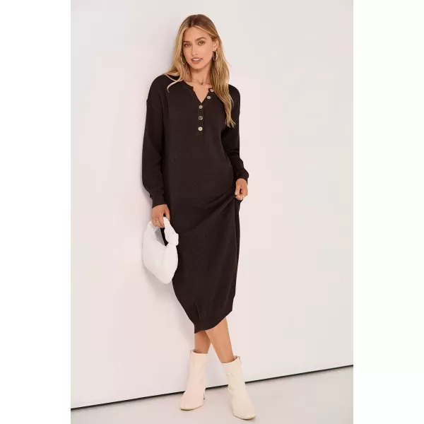 imagePRETTYGARDEN Womens 2024 Fall Knit Sweater Dress Long Sleeve Button V Neck Loose Casual Maxi DressesDark Brown