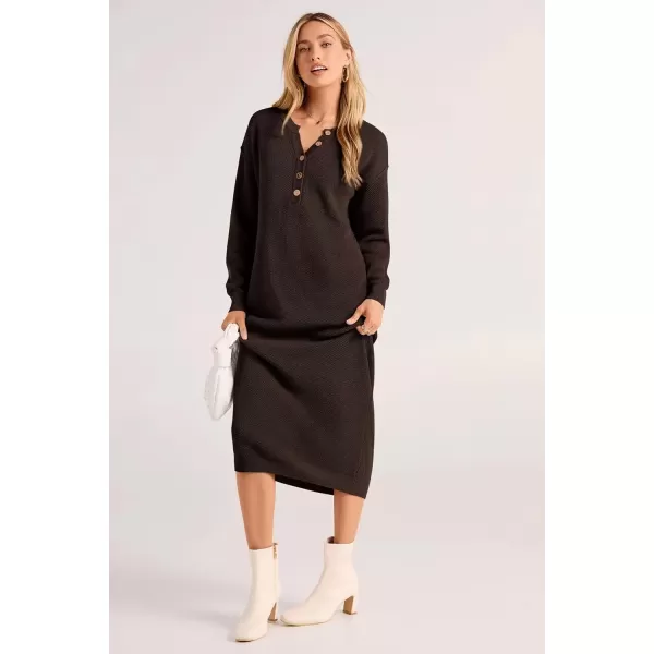imagePRETTYGARDEN Womens 2024 Fall Knit Sweater Dress Long Sleeve Button V Neck Loose Casual Maxi DressesDark Brown