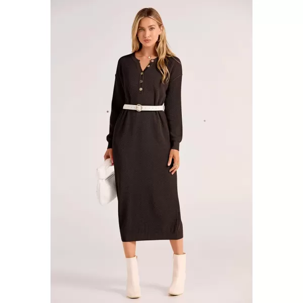 imagePRETTYGARDEN Womens 2024 Fall Knit Sweater Dress Long Sleeve Button V Neck Loose Casual Maxi DressesDark Brown