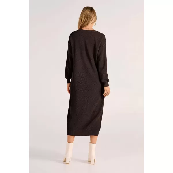 imagePRETTYGARDEN Womens 2024 Fall Knit Sweater Dress Long Sleeve Button V Neck Loose Casual Maxi DressesDark Brown
